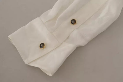 Dolce & Gabbana White Patterned Silk Ascot Collar Blouse Top by Dolce & Gabbana