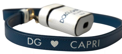 Étui pour Airpods Dolce &amp; Gabbana en cuir de veau blanc et bleu avec logo imprimé