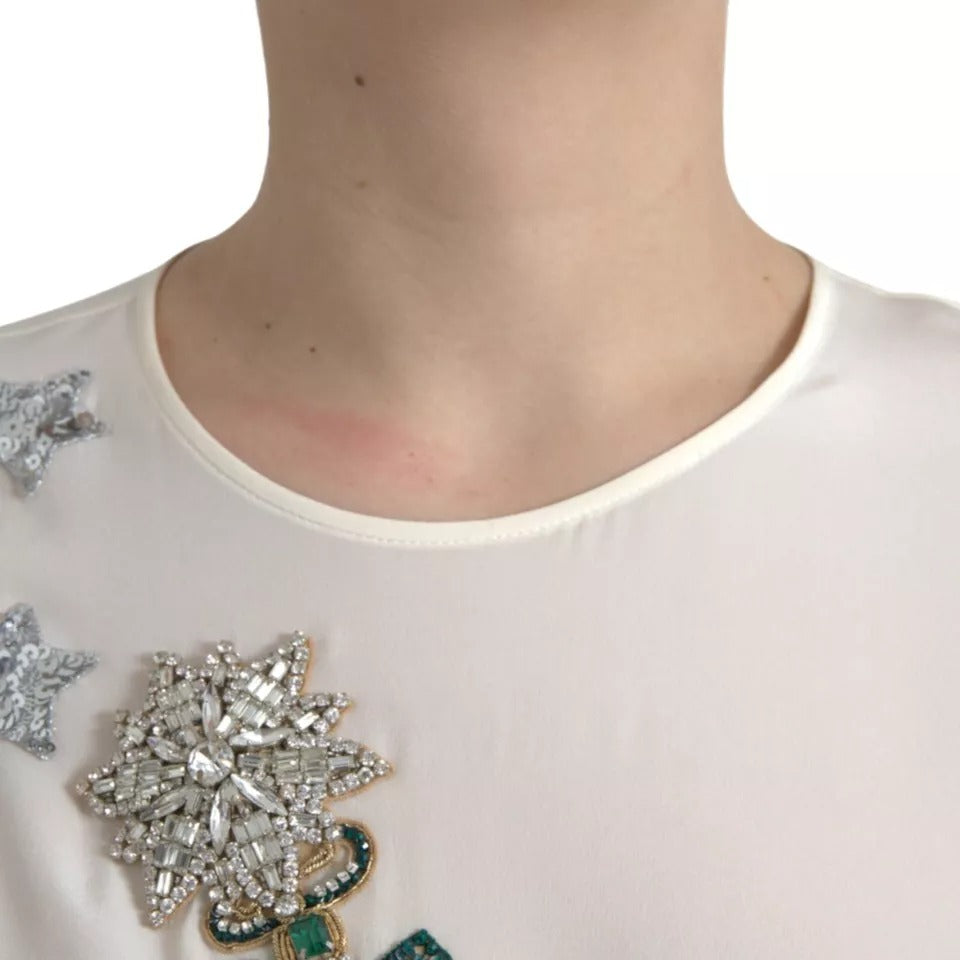 Dolce & Gabbana White Silk Crystal 3/4 Sleeves Blouse Top by Dolce & Gabbana