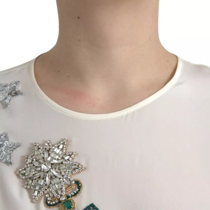 Dolce & Gabbana White Silk Crystal 3/4 Sleeves Blouse Top by Dolce & Gabbana