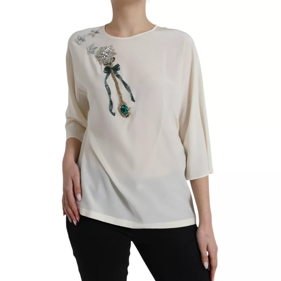 Dolce & Gabbana White Silk Crystal 3/4 Sleeves Blouse Top by Dolce & Gabbana