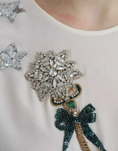 Dolce & Gabbana White Silk Crystal 3/4 Sleeves Blouse Top by Dolce & Gabbana