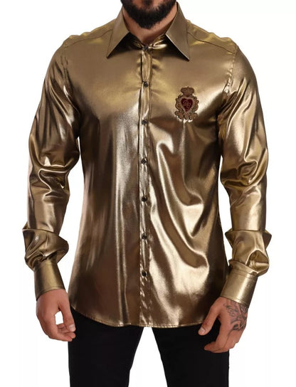 Dolce & Gabbana Metallic Gold DG Embroidered Crown Silk Top Shirt by Dolce & Gabbana