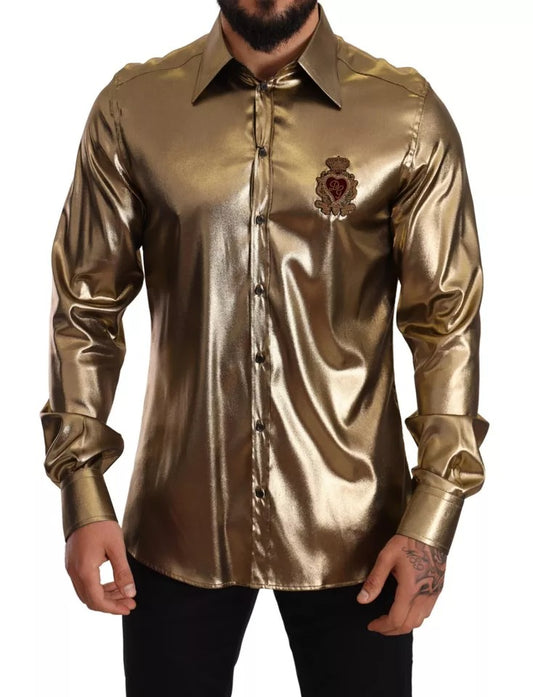 Dolce & Gabbana Metallic Gold DG Embroidered Crown Silk Top Shirt by Dolce & Gabbana
