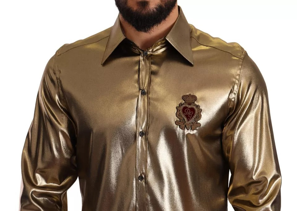 Dolce & Gabbana Metallic Gold DG Embroidered Crown Silk Top Shirt by Dolce & Gabbana