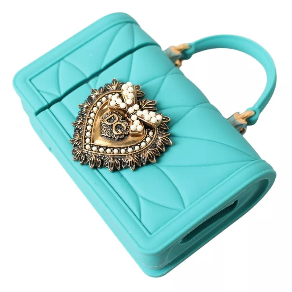 Dolce &amp; Gabbana Turquoise Silicone Devotion Heart Bag Cover Hand Airpods Case