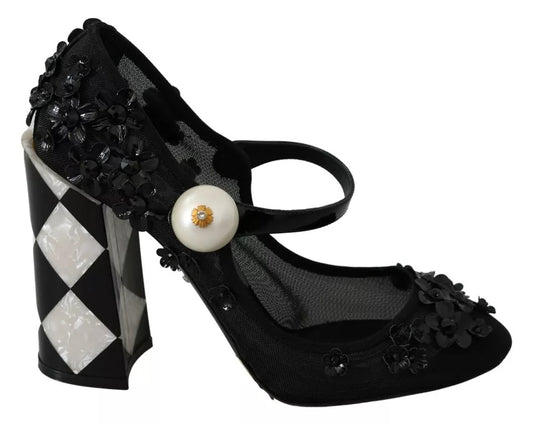 Escarpins Mary Janes à talons noirs ornés de fleurs Dolce &amp; Gabbana