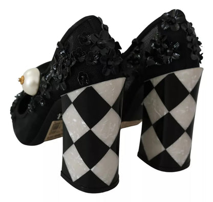 Escarpins Mary Janes à talons noirs ornés de fleurs Dolce &amp; Gabbana