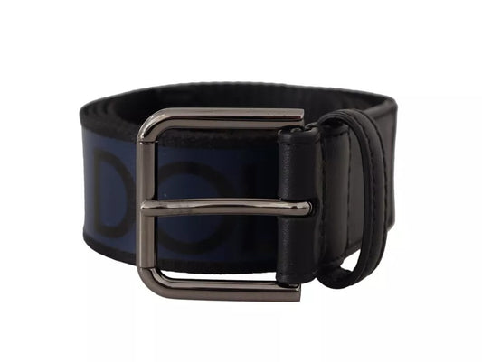 Ceinture Dolce &amp; Gabbana à boucle argentée et logo imprimé bleu et noir