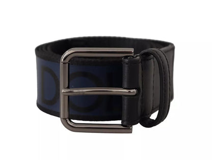 Ceinture Dolce &amp; Gabbana à boucle argentée et logo imprimé bleu et noir