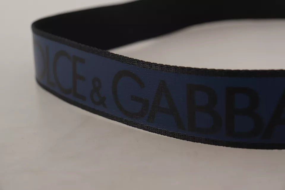 Ceinture Dolce &amp; Gabbana à boucle argentée et logo imprimé bleu et noir