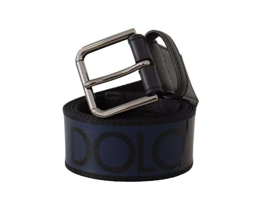 Ceinture Dolce &amp; Gabbana à boucle argentée et logo imprimé bleu et noir