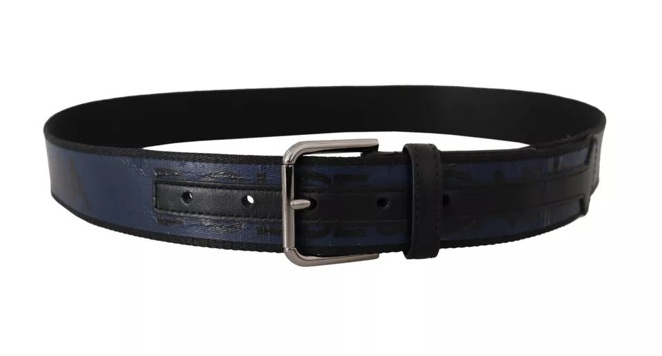 Ceinture Dolce &amp; Gabbana à boucle argentée et logo imprimé bleu et noir
