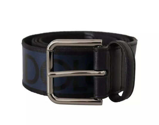Ceinture Dolce &amp; Gabbana à boucle argentée et logo imprimé bleu et noir