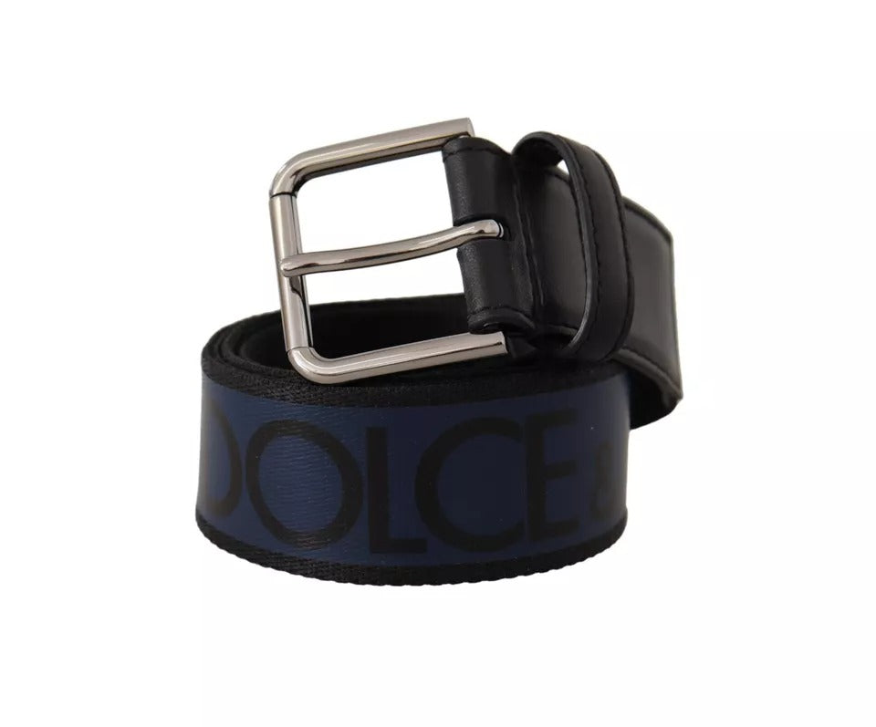 Ceinture Dolce &amp; Gabbana à boucle argentée et logo imprimé bleu et noir