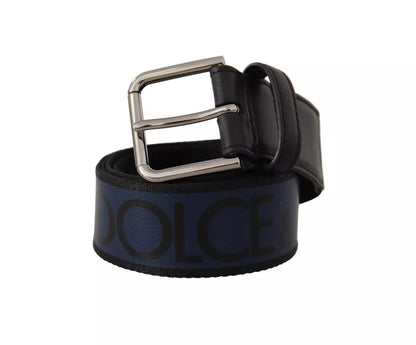 Ceinture Dolce &amp; Gabbana à boucle argentée et logo imprimé bleu et noir