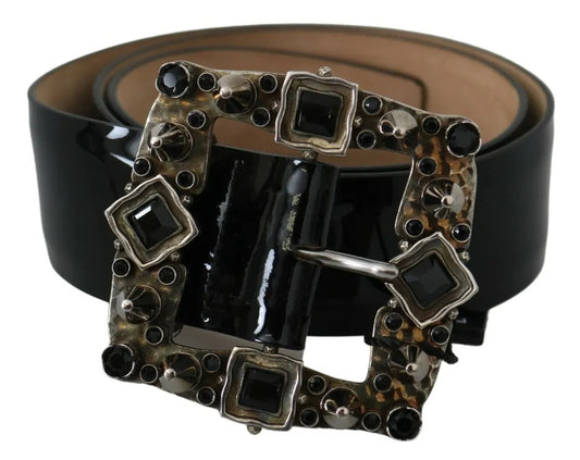 Ceinture Dolce &amp; Gabbana en cuir noir brillant avec boucle et logo en cristal