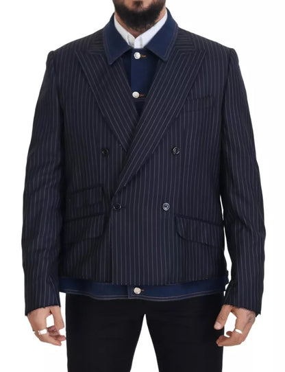Dolce &amp; Gabbana Blue Striped Double Breasted Denim Blazer