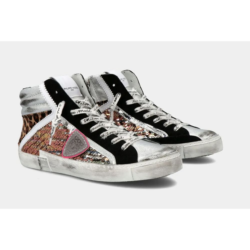 Baskets élégantes en cuir gris Philippe Model avec détails en paillettes