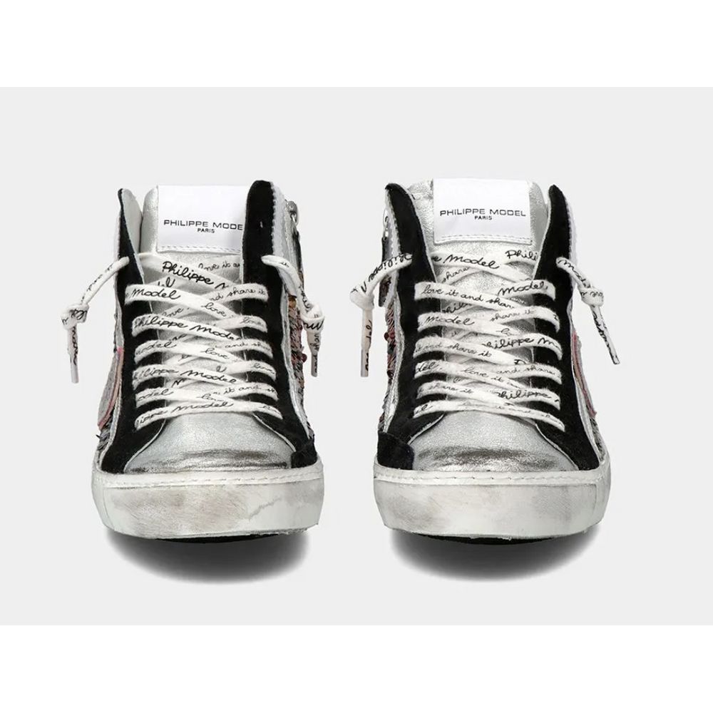 Baskets élégantes en cuir gris Philippe Model avec détails en paillettes