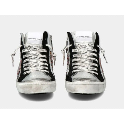 Baskets élégantes en cuir gris Philippe Model avec détails en paillettes