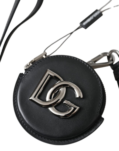 Portefeuille à cordon rond en cuir noir Dolce &amp; Gabbana avec logo DG