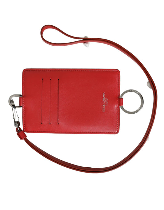 Portefeuille porte-cartes Dolce &amp; Gabbana en cuir de veau rouge avec cordon et logo