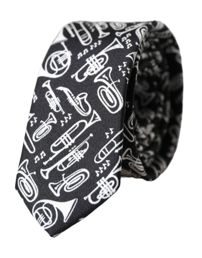 Dolce & Gabbana Black Trumpet Print Silk Adjustable Tie by Dolce & Gabbana