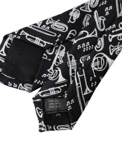 Dolce & Gabbana Black Trumpet Print Silk Adjustable Tie by Dolce & Gabbana
