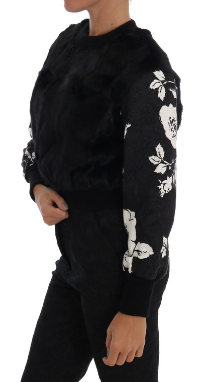 Pull en fourrure noire à brocart floral Dolce &amp; Gabbana