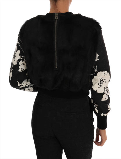 Pull en fourrure noire à brocart floral Dolce &amp; Gabbana