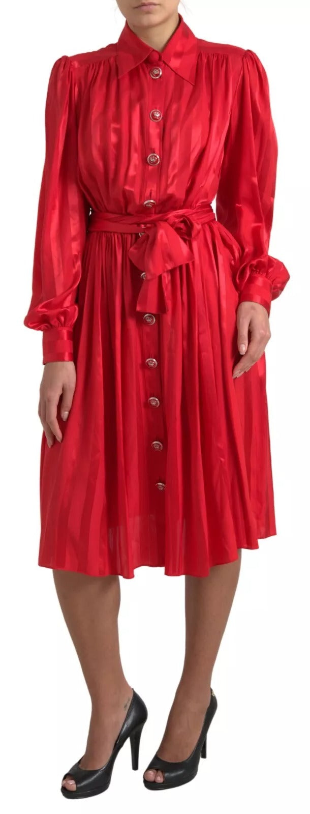 Dolce &amp; Gabbana Red Button Down Belted Midi Satin Silk Dress