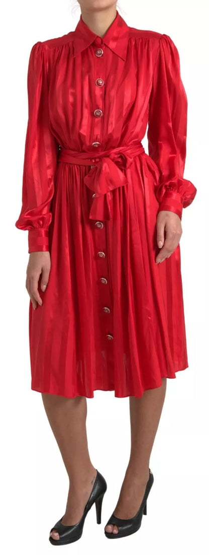 Dolce &amp; Gabbana Red Button Down Belted Midi Satin Silk Dress
