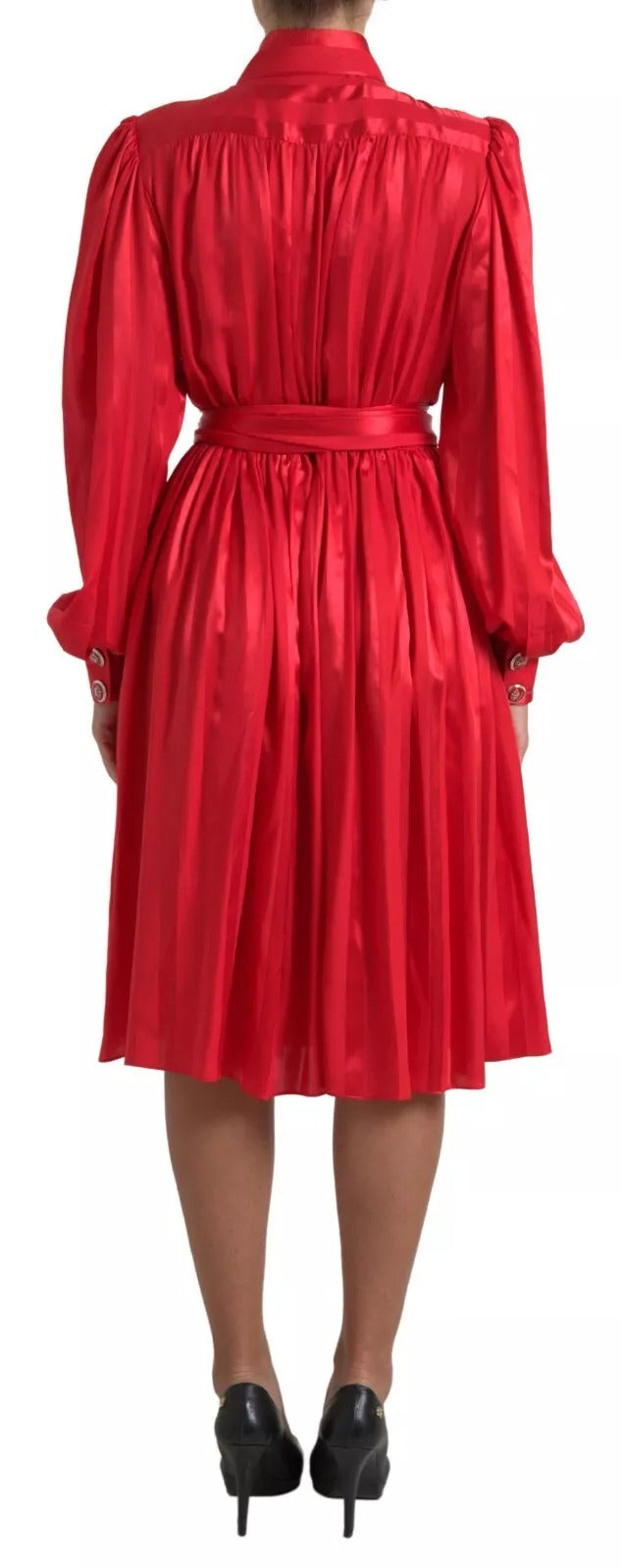 Dolce &amp; Gabbana Red Button Down Belted Midi Satin Silk Dress