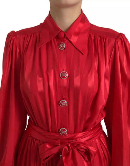 Dolce &amp; Gabbana Red Button Down Belted Midi Satin Silk Dress
