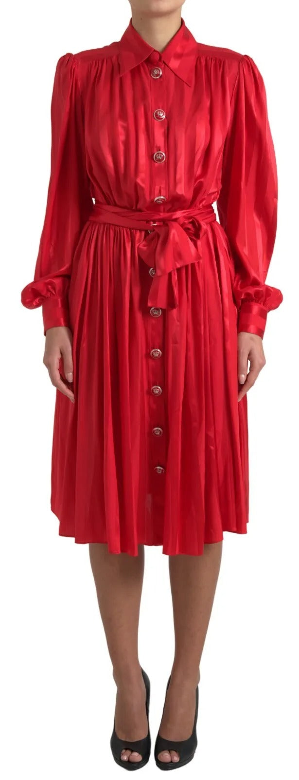 Dolce &amp; Gabbana Red Button Down Belted Midi Satin Silk Dress