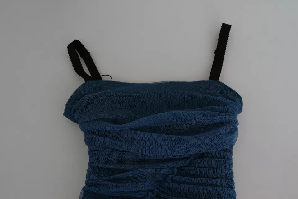 Dolce & Gabbana Blue Draped Tulle Midi Sheath Cotton Dress by Dolce & Gabbana