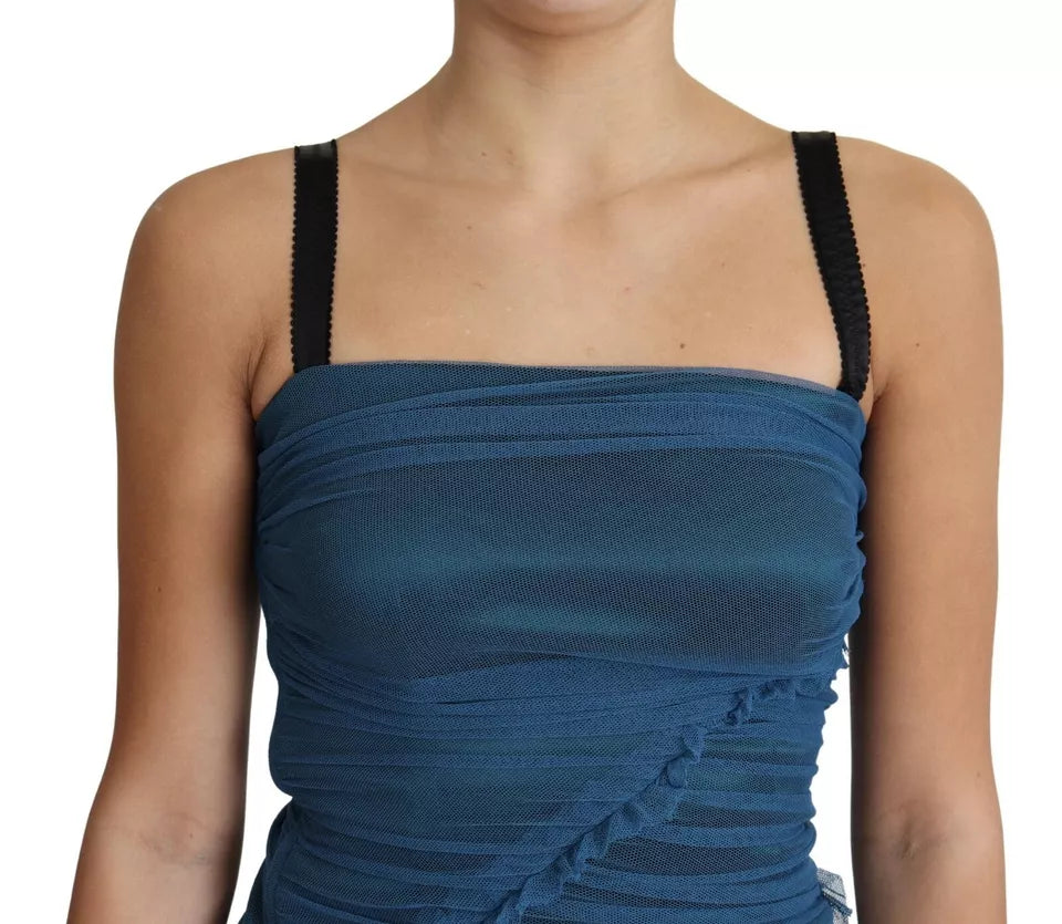 Dolce & Gabbana Blue Draped Tulle Midi Sheath Cotton Dress by Dolce & Gabbana