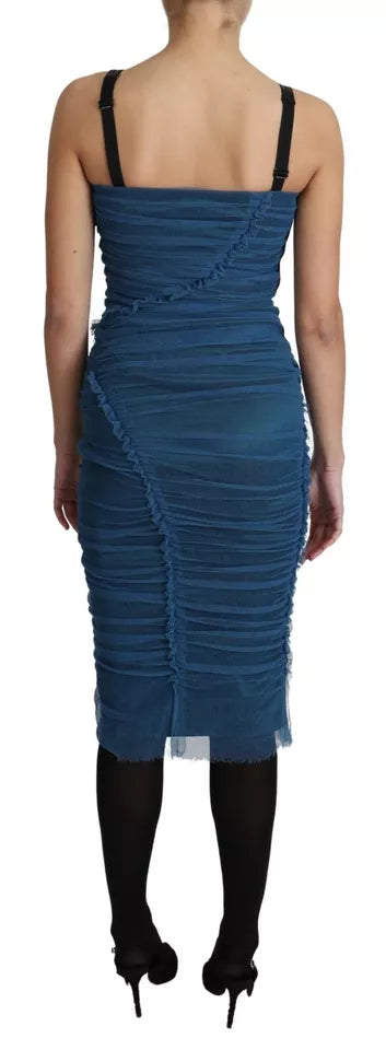 Dolce & Gabbana Blue Draped Tulle Midi Sheath Cotton Dress by Dolce & Gabbana