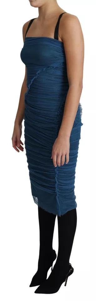 Dolce & Gabbana Blue Draped Tulle Midi Sheath Cotton Dress by Dolce & Gabbana