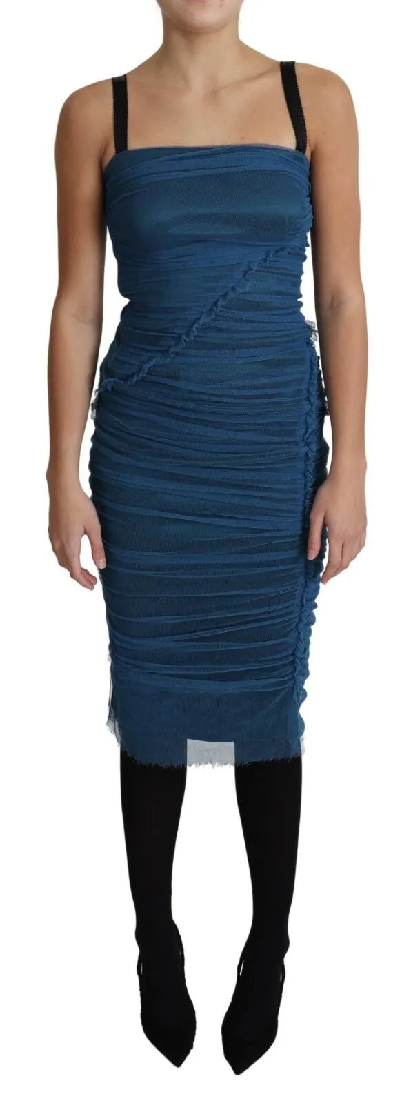 Dolce & Gabbana Blue Draped Tulle Midi Sheath Cotton Dress by Dolce & Gabbana