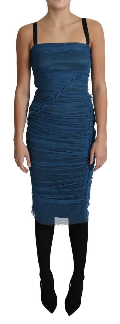 Dolce & Gabbana Blue Draped Tulle Midi Sheath Cotton Dress by Dolce & Gabbana
