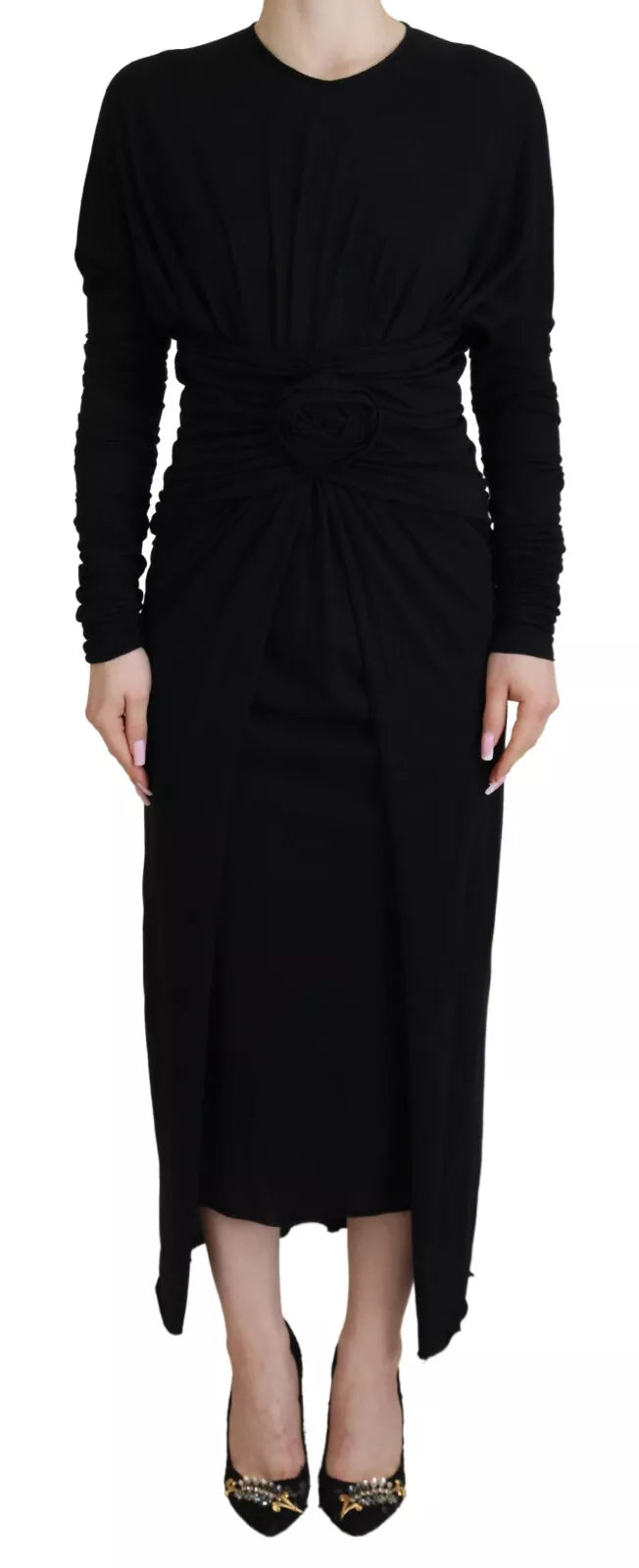 Dolce & Gabbana Black Sheath Midi Gown Wool Wrap Dress by Dolce & Gabbana