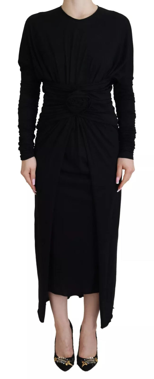 Dolce & Gabbana Black Sheath Midi Gown Wool Wrap Dress by Dolce & Gabbana