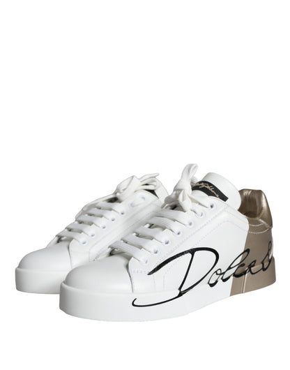 Dolce & Gabbana White Gold Portofino Low Top Leather Sneakers Shoes by Dolce & Gabbana