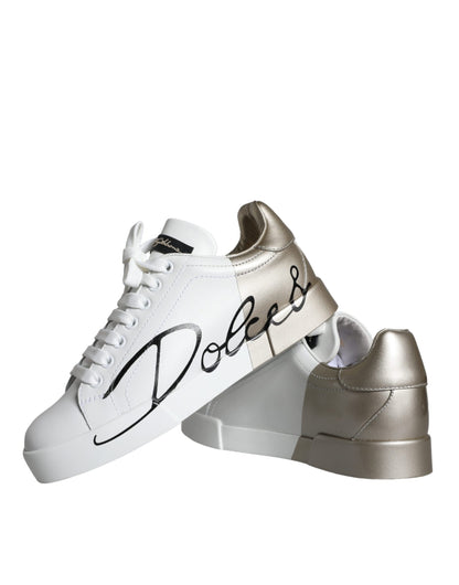 Dolce & Gabbana White Gold Portofino Low Top Leather Sneakers Shoes by Dolce & Gabbana