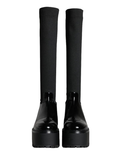 Bottes hautes en jersey de cuir noir Dolce &amp; Gabbana