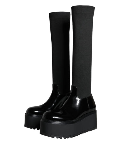 Bottes hautes en jersey de cuir noir Dolce &amp; Gabbana