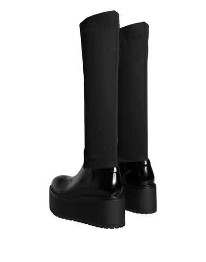 Bottes hautes en jersey de cuir noir Dolce &amp; Gabbana