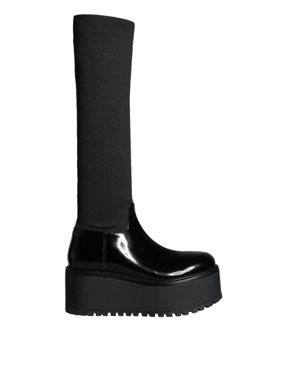 Bottes hautes en jersey de cuir noir Dolce &amp; Gabbana